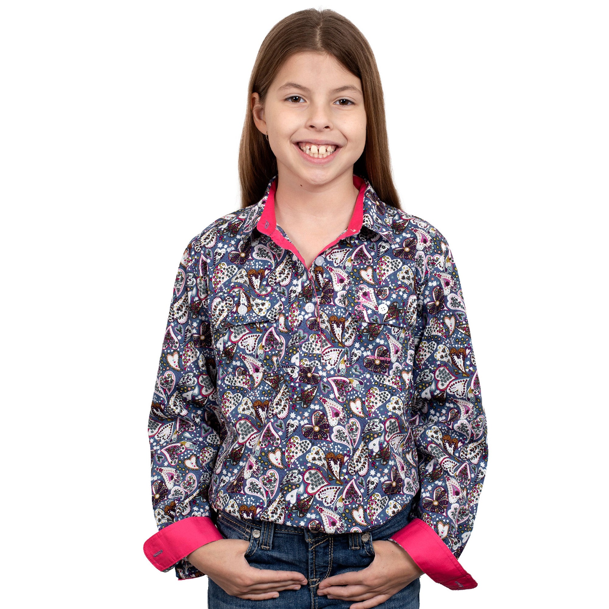 Just Country Girls Workshirt, Harper Half Button, Periwinkle Heart Paisley