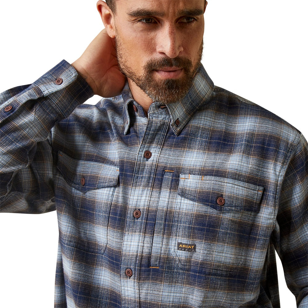 Ariat Mens Shirt | Rebar Durastretch Flannel | Blue Khaki Plaid