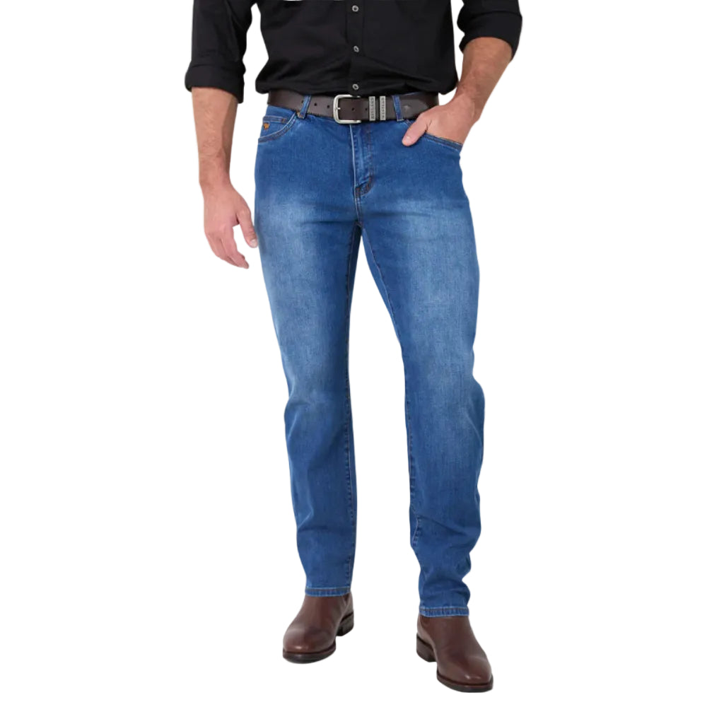 Ringers Western Mens Jeans | Burke Tapered 32 Leg | Mid Blue