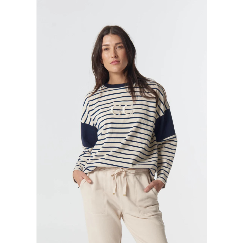 Goondiwindi Cotton Sweater | Stripe Logo | Birch / Dark Navy