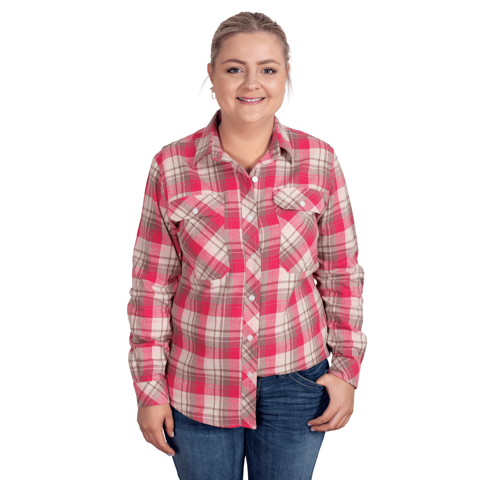 Just Country Womens Brooke Workshirt | Full Button Flannel | Pink / Chocolate / Stone