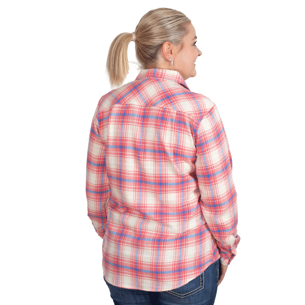 Just Country Womens Jahna Workshirt | Half Button Flannel | Salmon / Blue