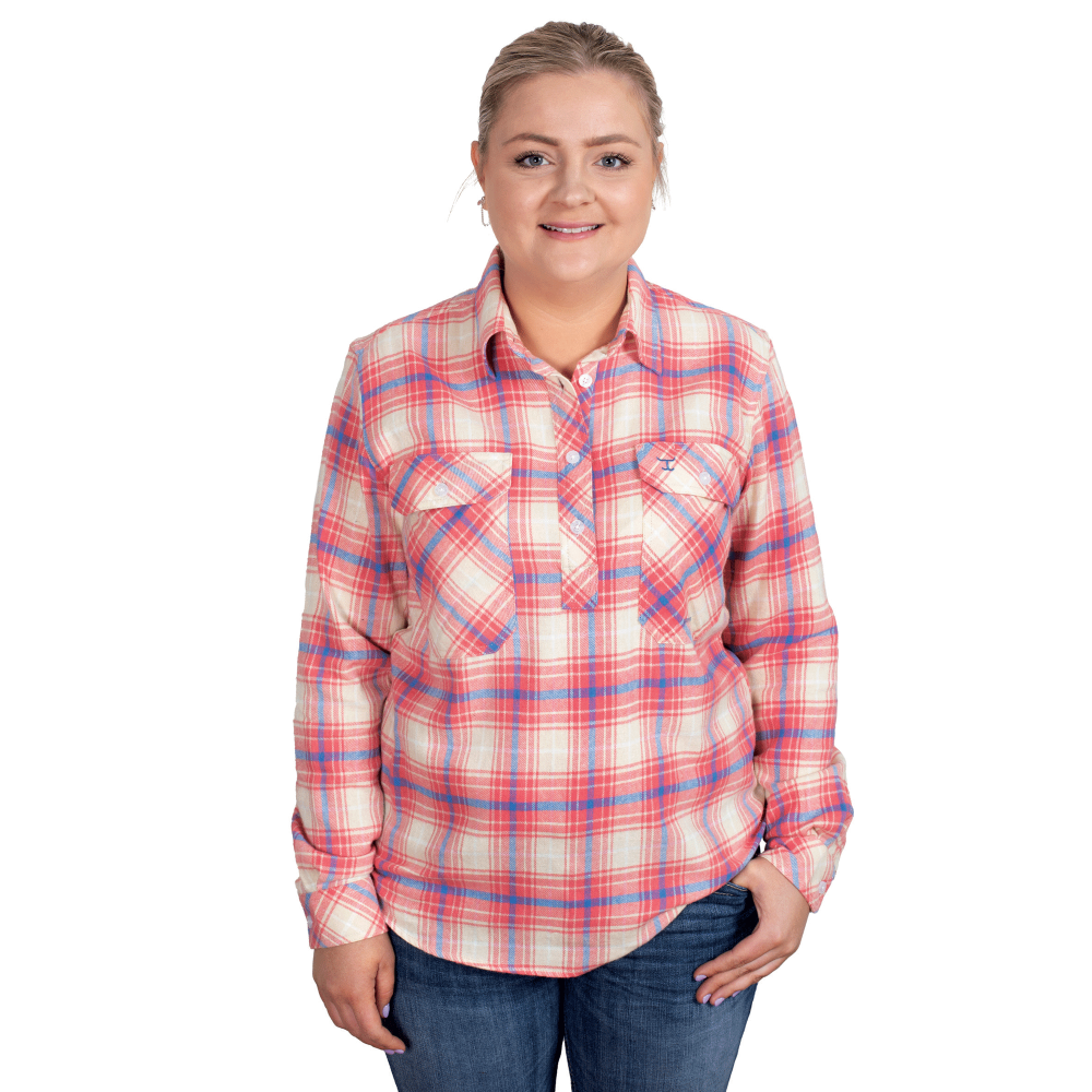 Just Country Womens Jahna Workshirt | Half Button Flannel | Salmon / Blue