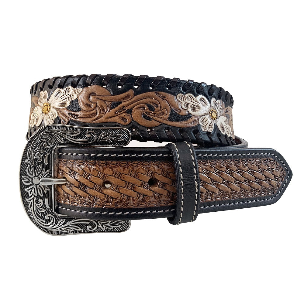 Roper Womens Belt | Western Floral tooled leather with Basket Weave end Tabs