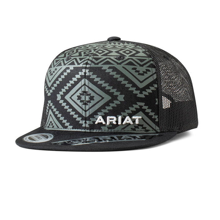 Ariat Childrens Snap Back Cap | Flat Bill Aztec Pattern | Black