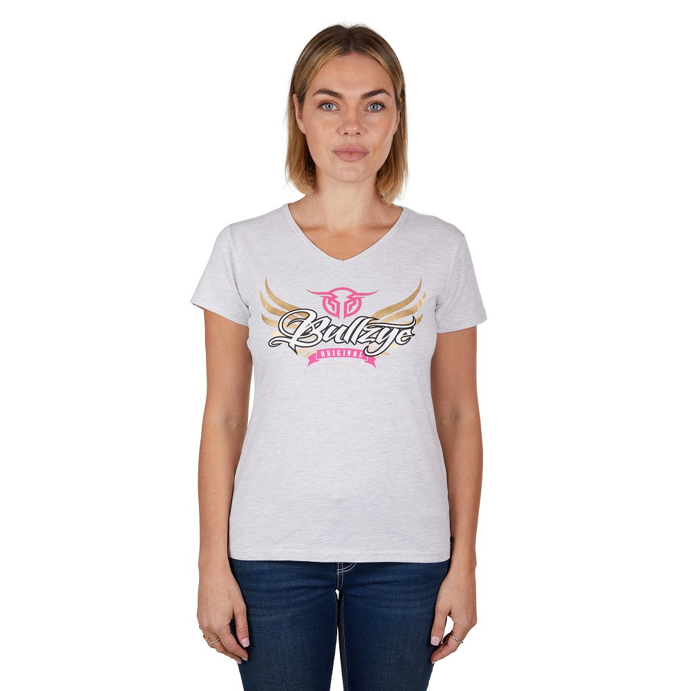 Bullzye Womens T-Shirt | Wings | White Marle