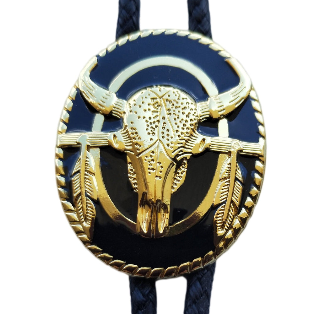Bolo Tie Steer Skull with Feathers | Black Enamel