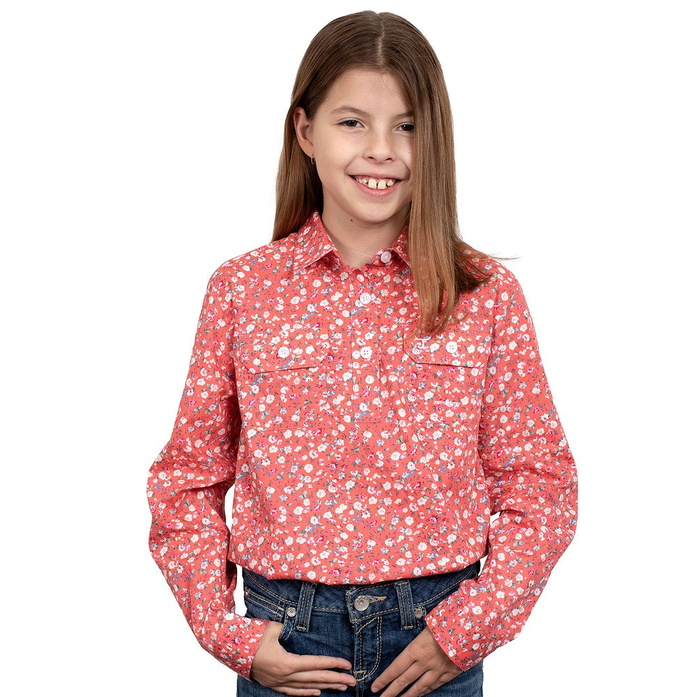 Just Country Girls Harper Workshirt | Half Button | Hot Coral Mini Peonies