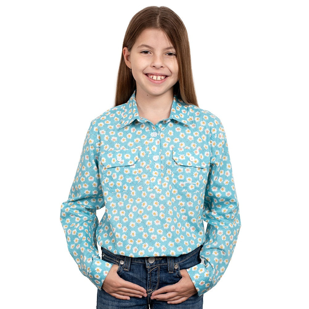 Just Country Girls Harper Workshirt | Half Button | Teal Daisies