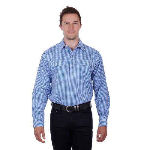 Hard Slog Mens Shirt | Devin Half Placket | Blue / White