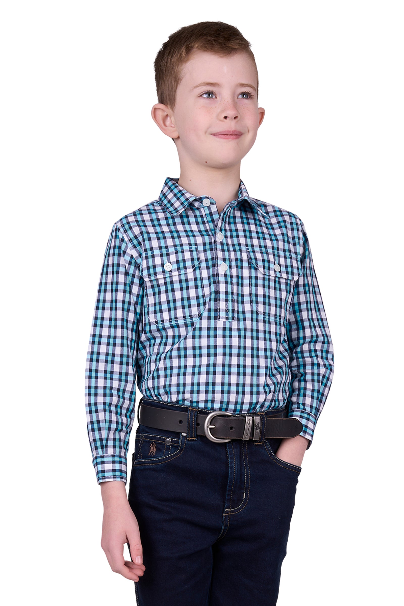 Hard Slog Kids Shirt | Rui Half Placket | Teal / Navy
