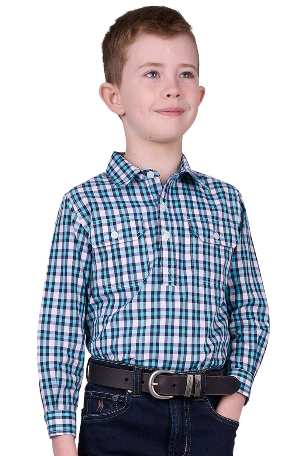 Hard Slog Kids Shirt | Rui Half Placket | Teal / Navy