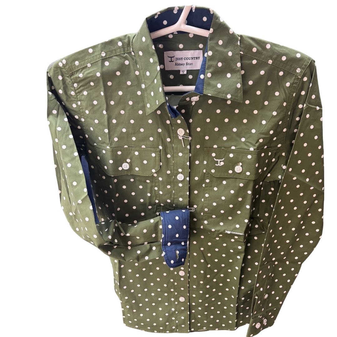 Just Country Womens Abbey Workshirt | Full Button | Cedar Green Dot / Navy Dots