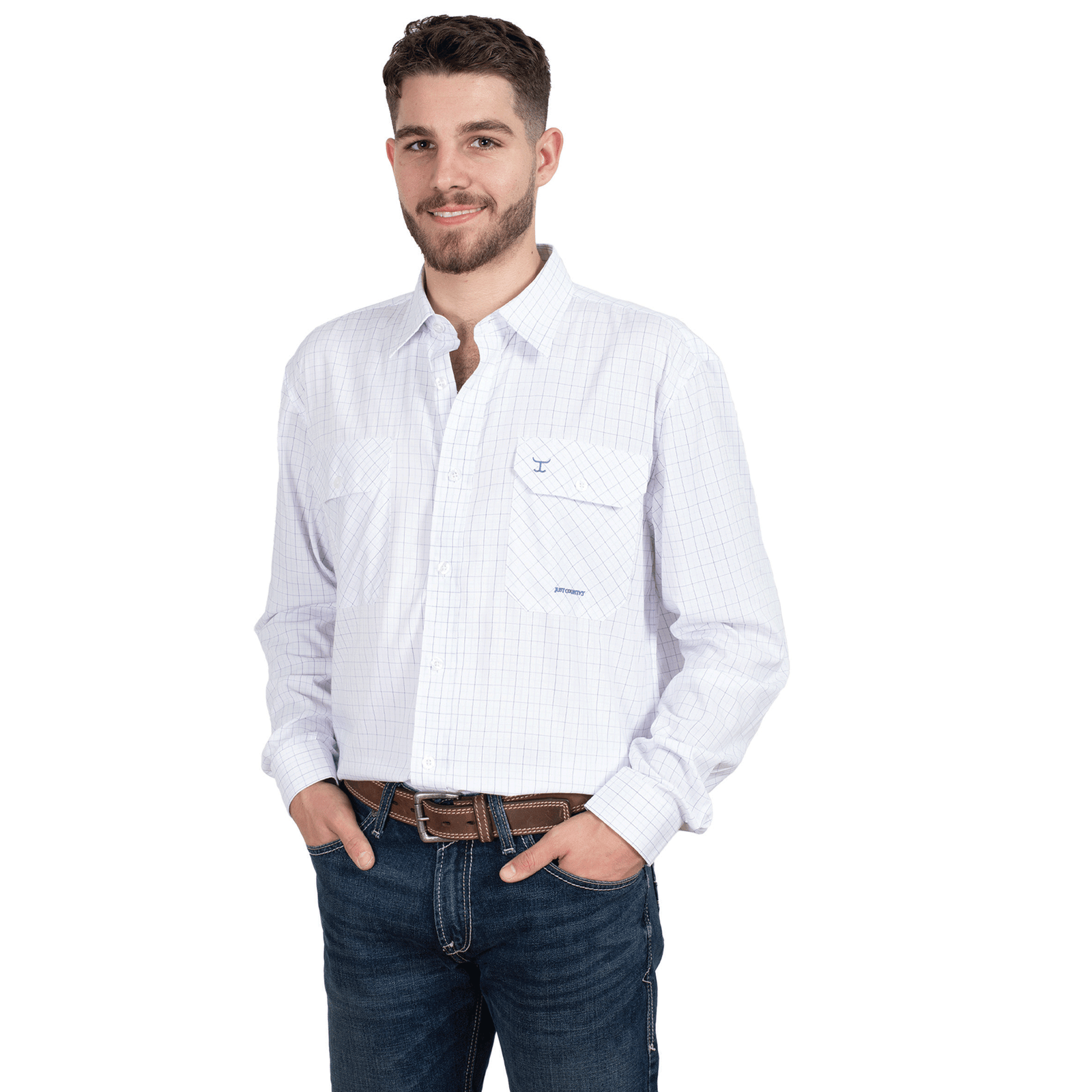 Just Country Mens Evan Workshirt | Full Button Bamboo Blend | White / Blue Check