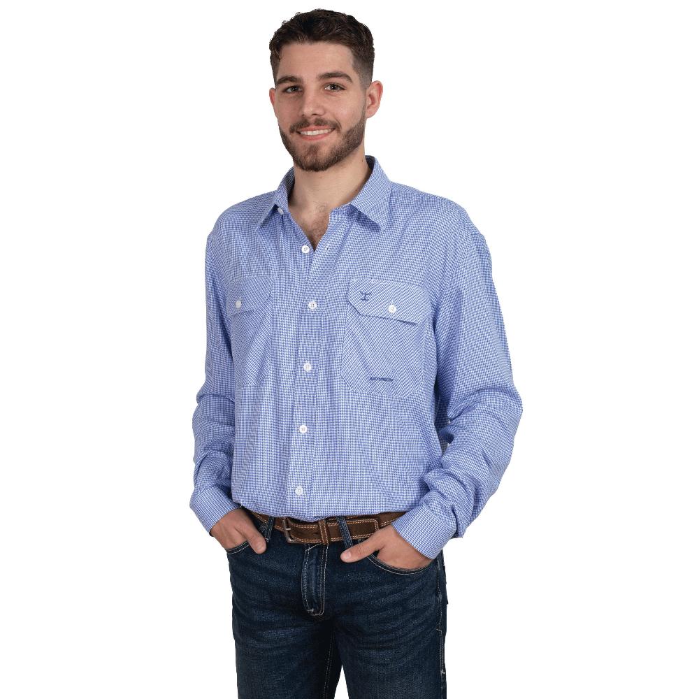 Just Country Mens Evan Workshirt | Full Button Bamboo Blend | Blue Houndstooth