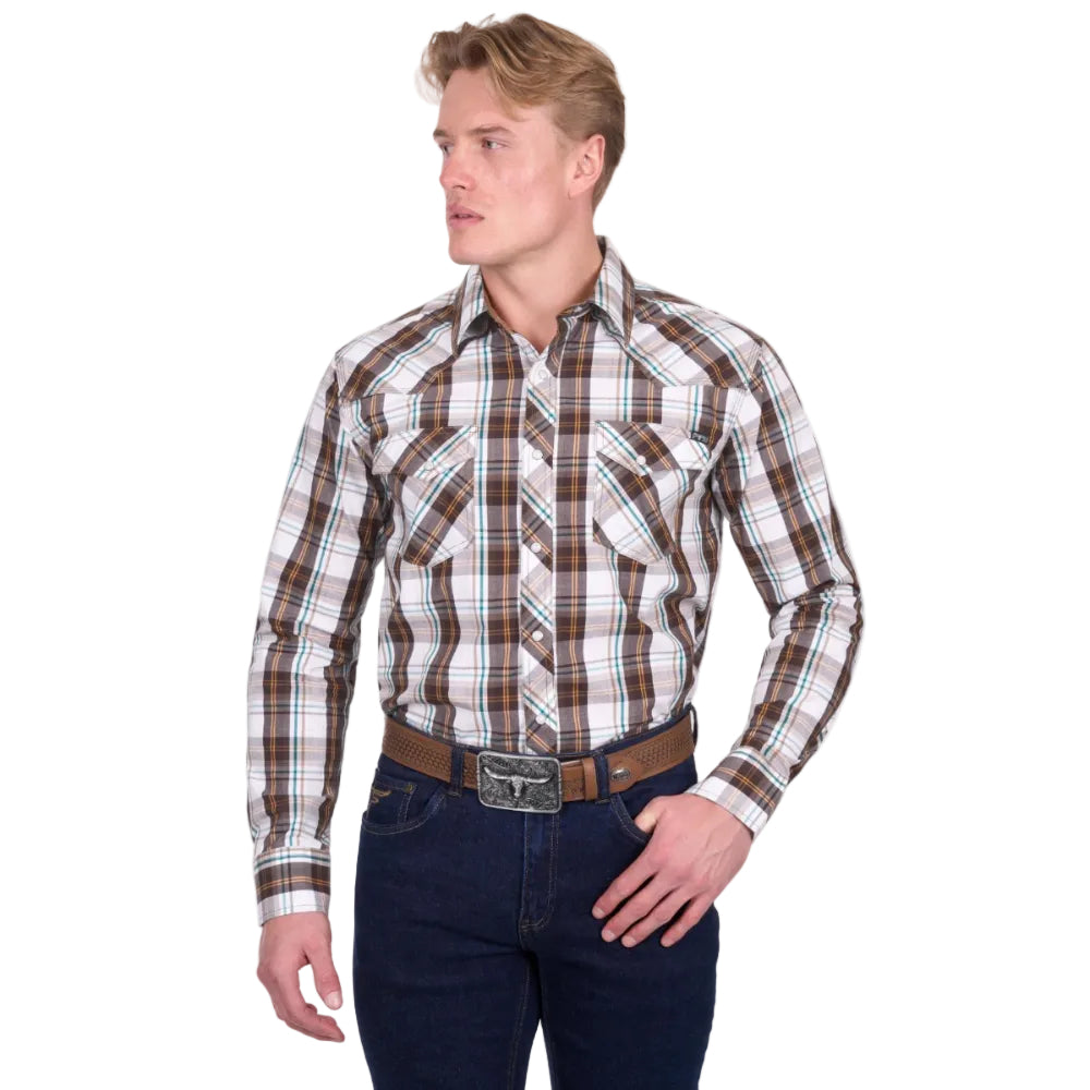 Pure Western Mens Shirts | Roger | Dark Tan / White