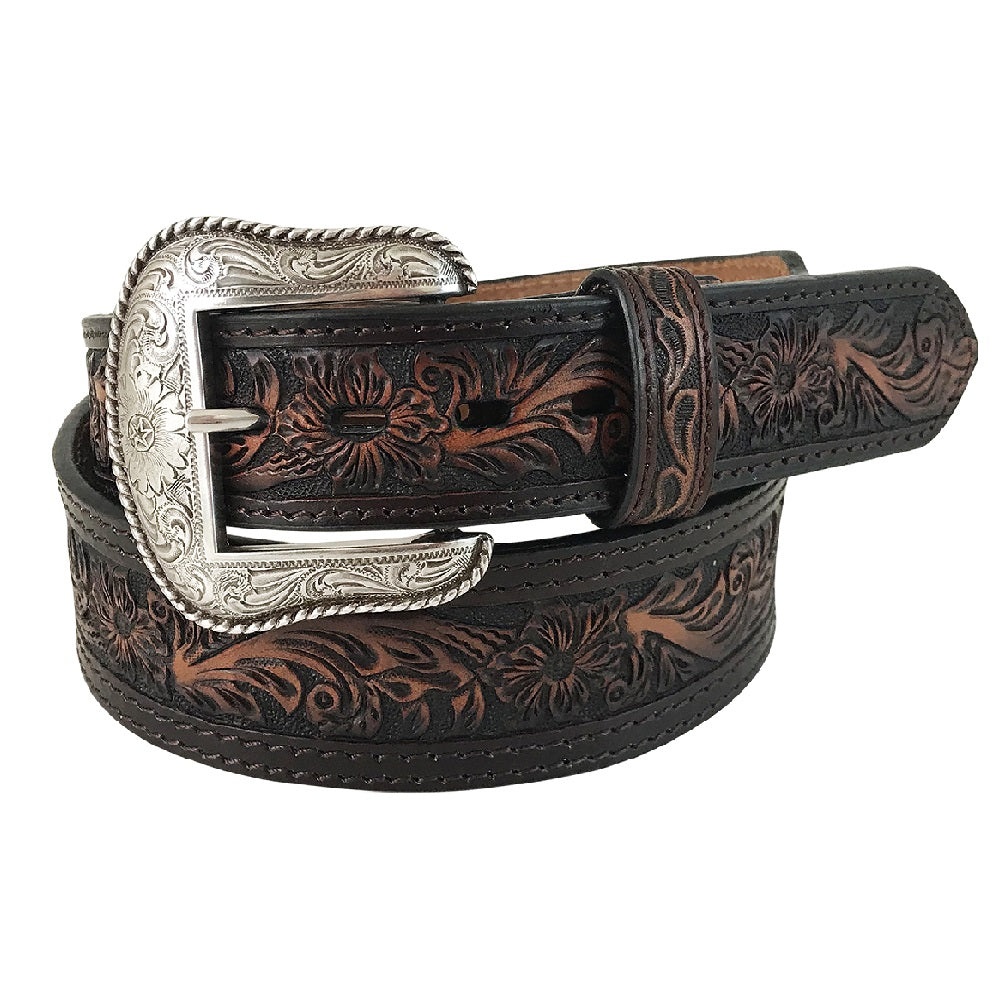 Roper Mens Leather Belt | Hand Tooled Floral | Brown