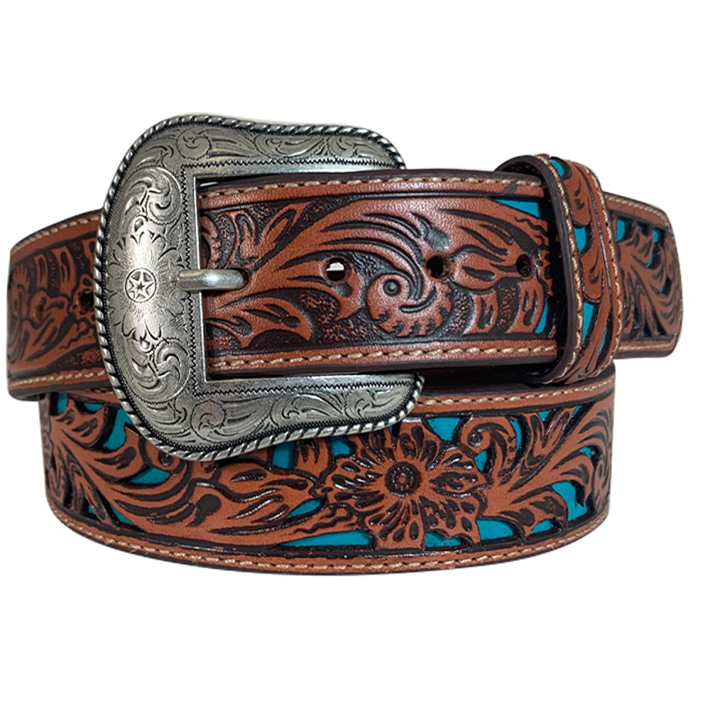 Roper Mens Leather Belt | Floral Tooled Design | Cognac / Turquoise