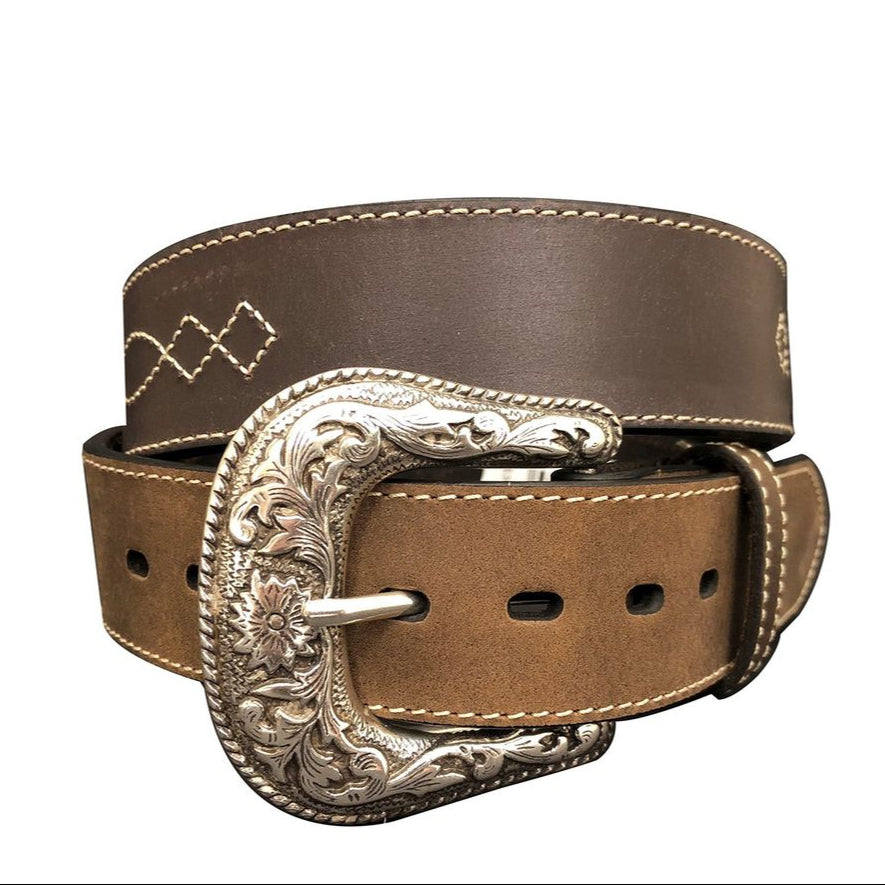 Roper Mens Belt | Bridle Leather Western Stitch | Brown