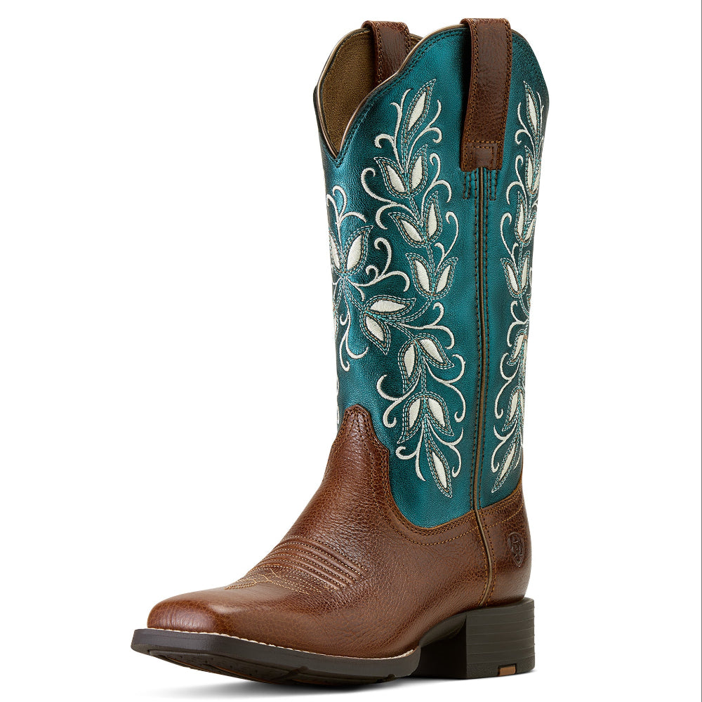 Ariat Womens Boots | Round Up Holly Wide Square Toe | Beasty Brown / Metallic Sea