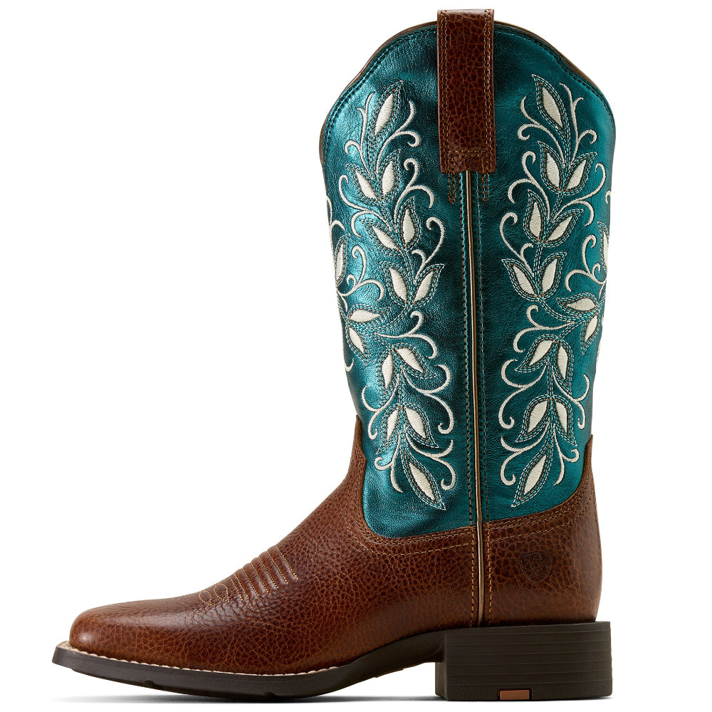 Ariat Womens Boots | Round Up Holly Wide Square Toe | Beasty Brown / Metallic Sea
