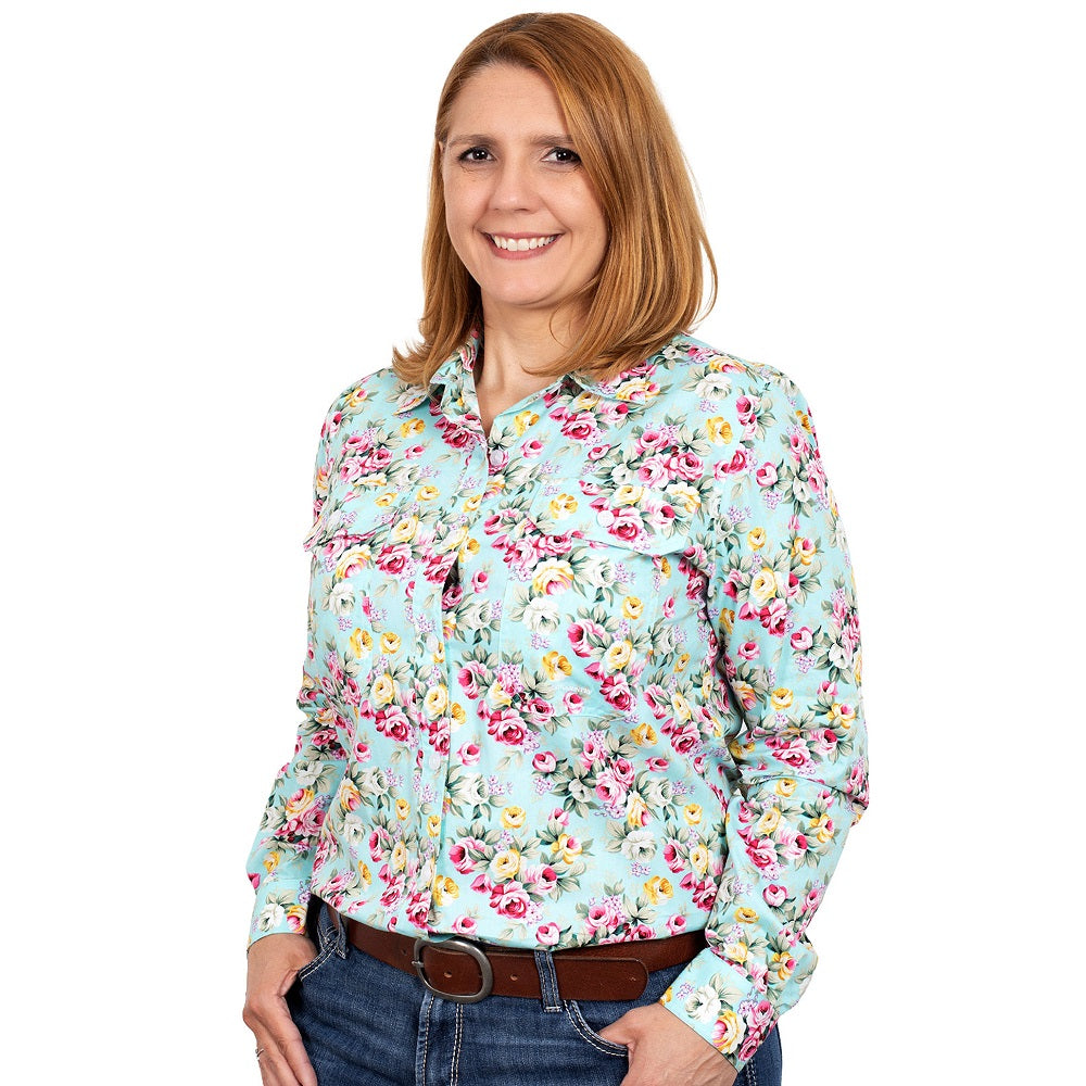 Just Country Womens Abbey Workshirt | Full Button | Mint Peonies