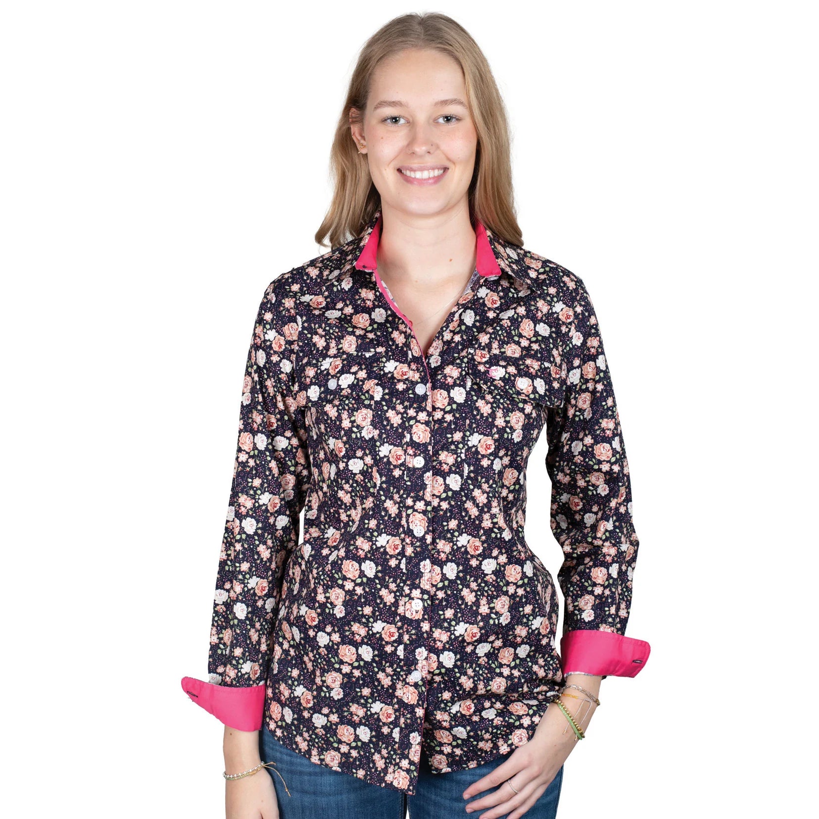 Just Country Womens Abbey Workshirt | Full Button | Navy Peonies