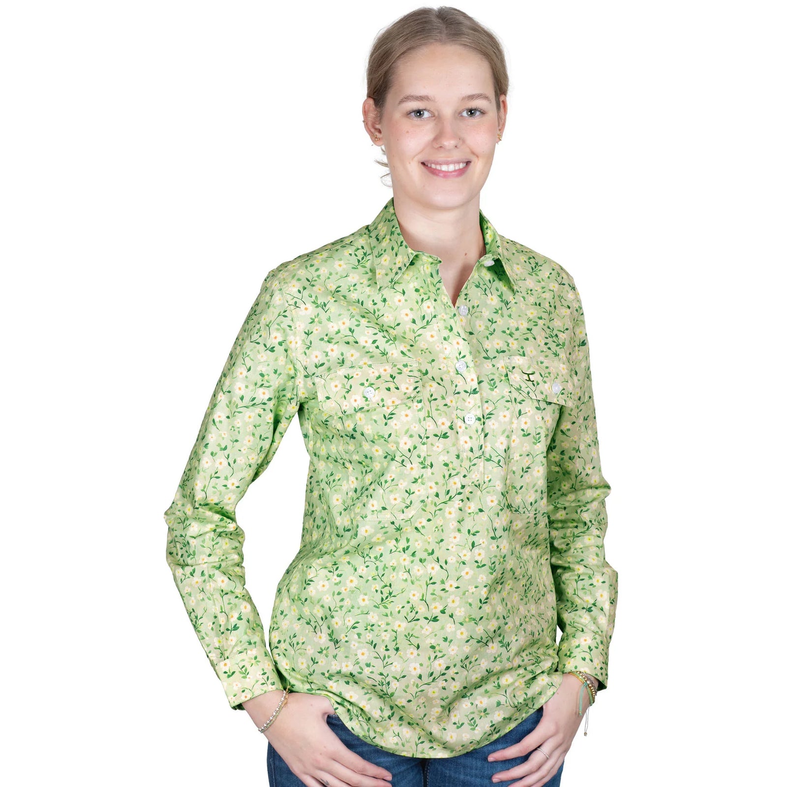Just Country Womens Georgie Workshirt | Half Button | Lime Floral