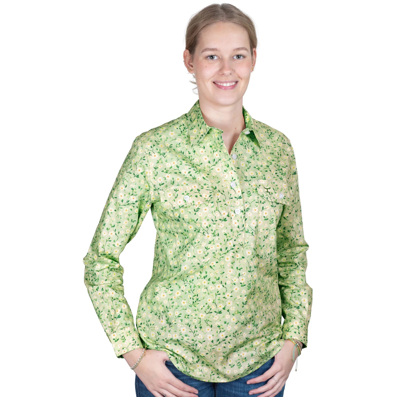 Just Country Womens Georgie Workshirt | Half Button | Lime Floral