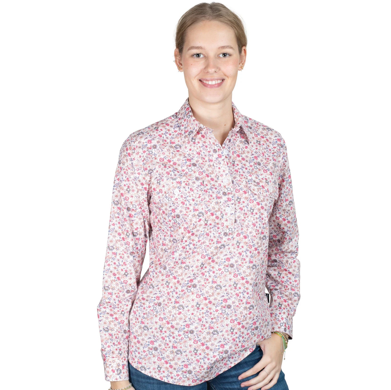 Just Country Womens Georgie Workshirt | Half Button | White Floral