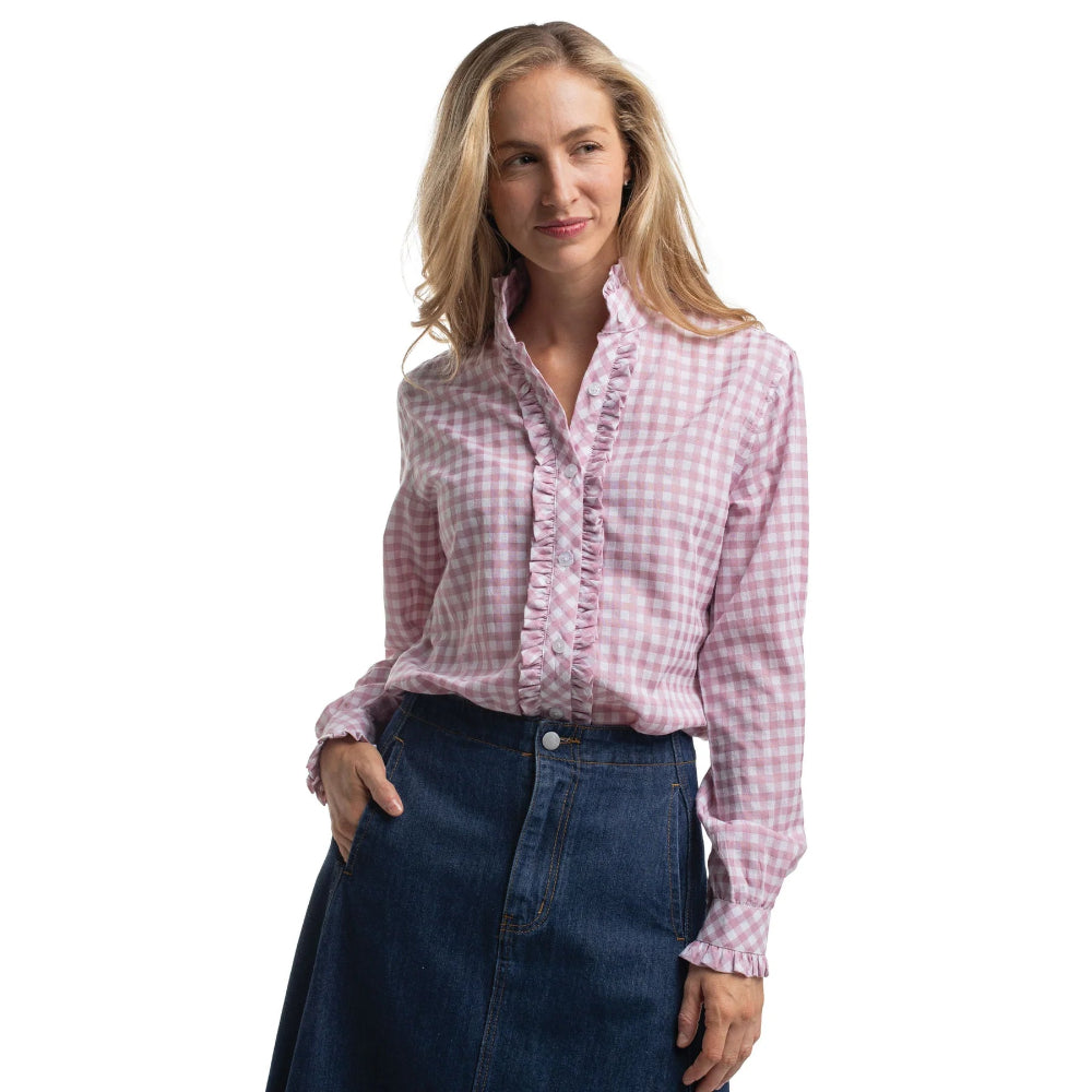 JUST COUNTRY WOMENS ABBEY WORKSHIRT | FRILLS | BERRY/WHITE