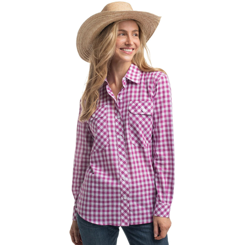Just Country Womens Abbey Workshirt | Full Button | Magenta / White Check