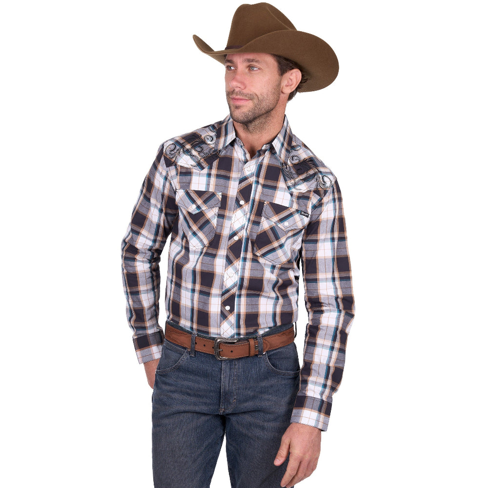 Wrangler Mens Shirt | Ricky Embroidered | Black / Tan
