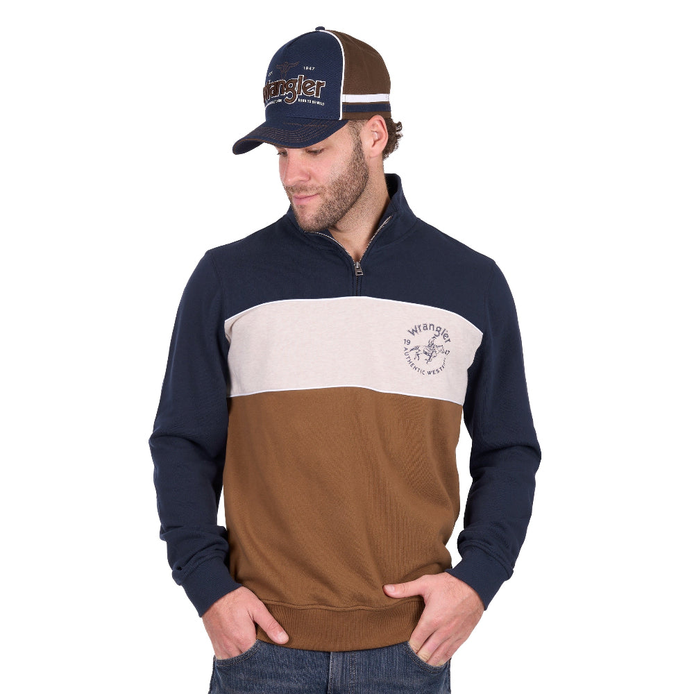 Wrangler Mens Pullover | Steve 1/4 Zip | Navy / Tan