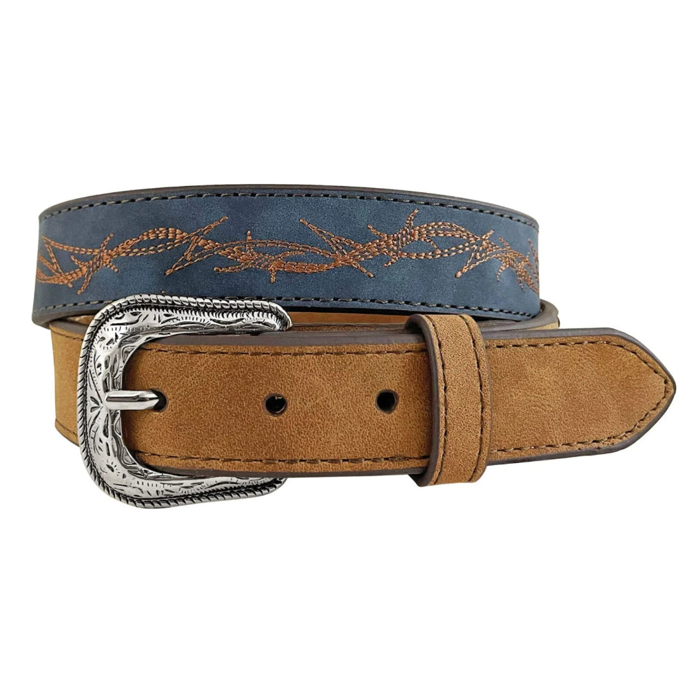 Roper Kids Belt | Embroidered Barbed Wire Leather | Brown / Blue
