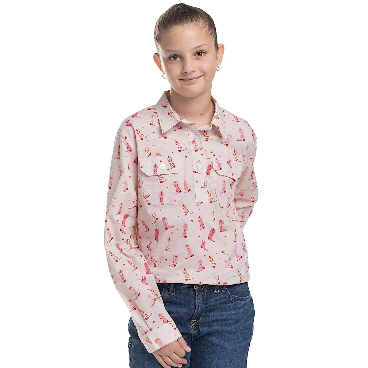 Just Country Girls Harper Workshirt | Half Button | Baby Pink Boots