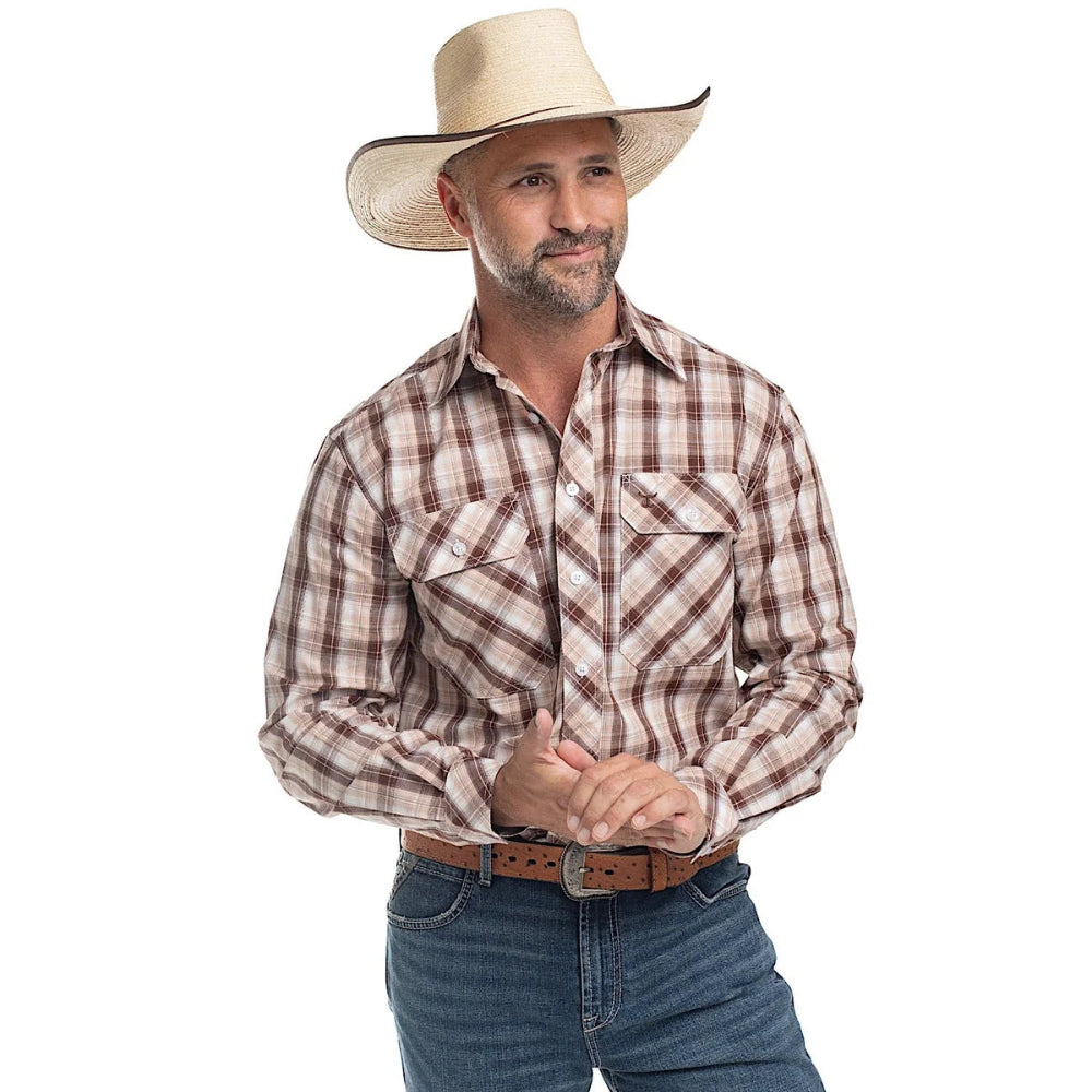 Just Country Mens Austin Workshirt | Full Button | Tan / Chocolate / White Plaid