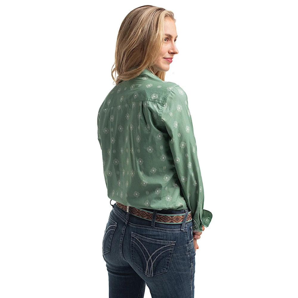 JUST COUNTRY WOMENS ABBEY WORKSHIRT | FULL BUTTON PRINT | EUCALYPTUS/WHITE