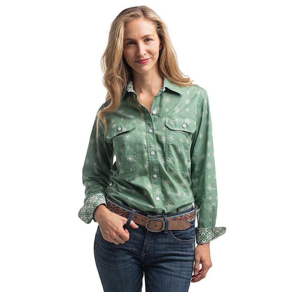 JUST COUNTRY WOMENS ABBEY WORKSHIRT | FULL BUTTON PRINT | EUCALYPTUS/WHITE