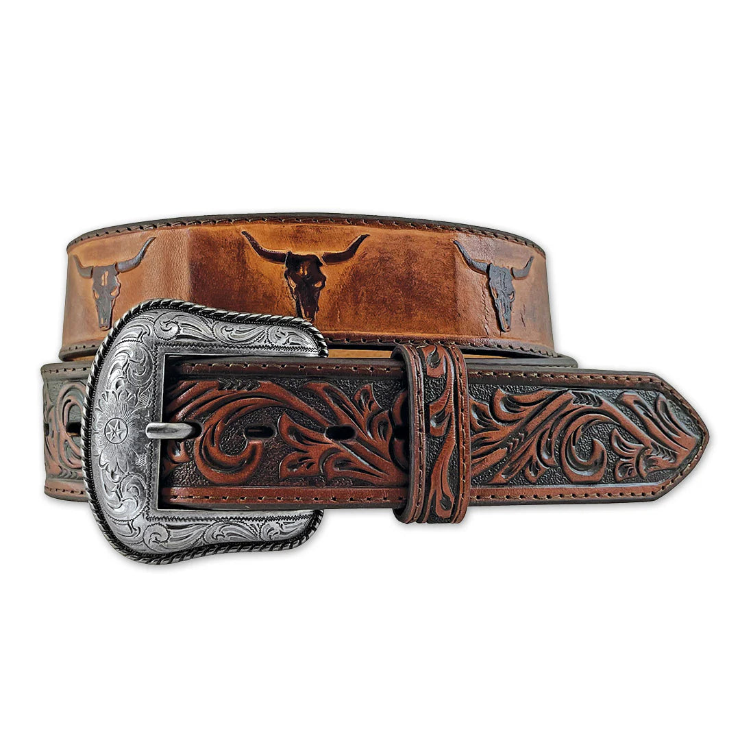 Roper Mens Belt | Leather Ox Head Deboss | Tan