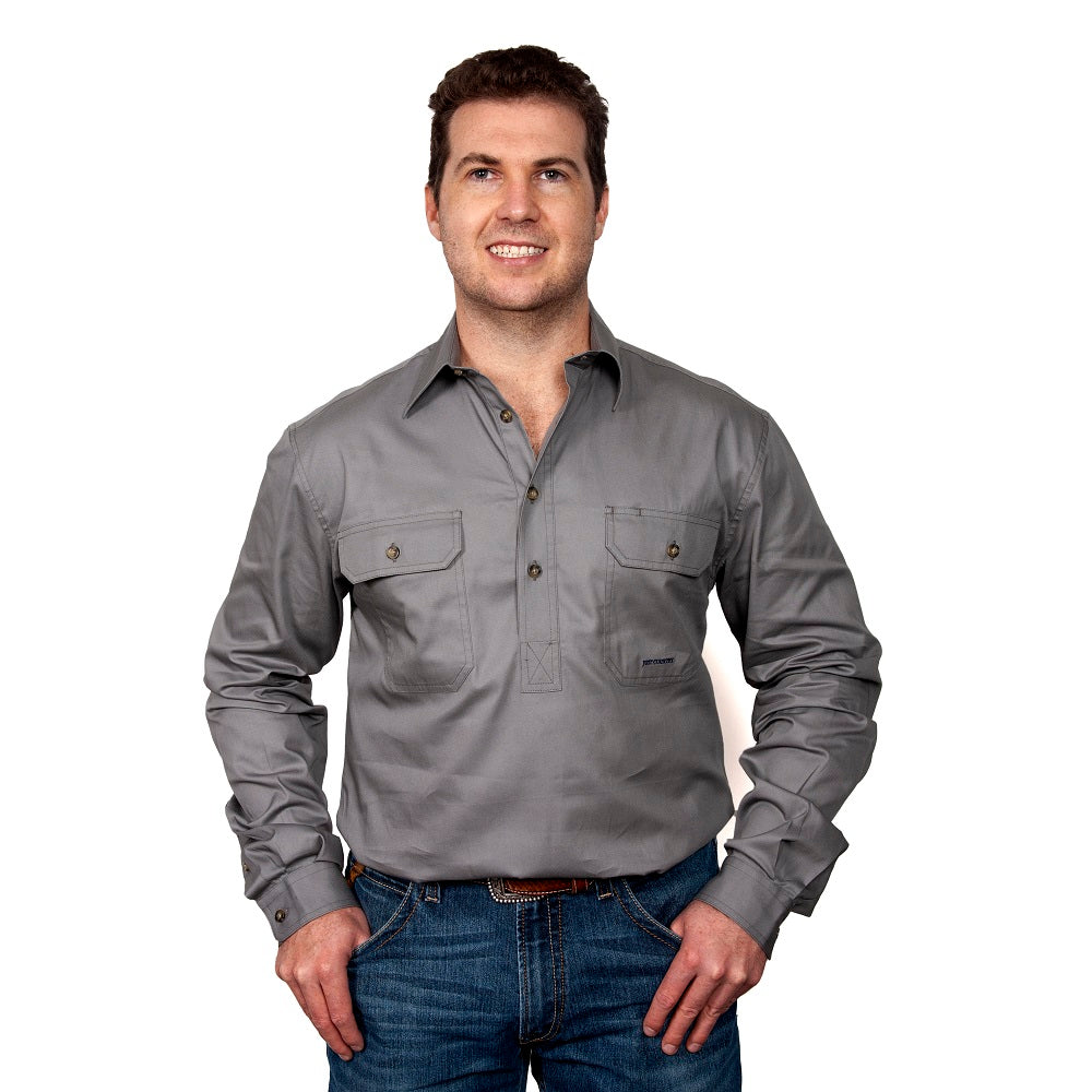 Just Country Mens Cameron Shirt | Half Button | Steel Grey