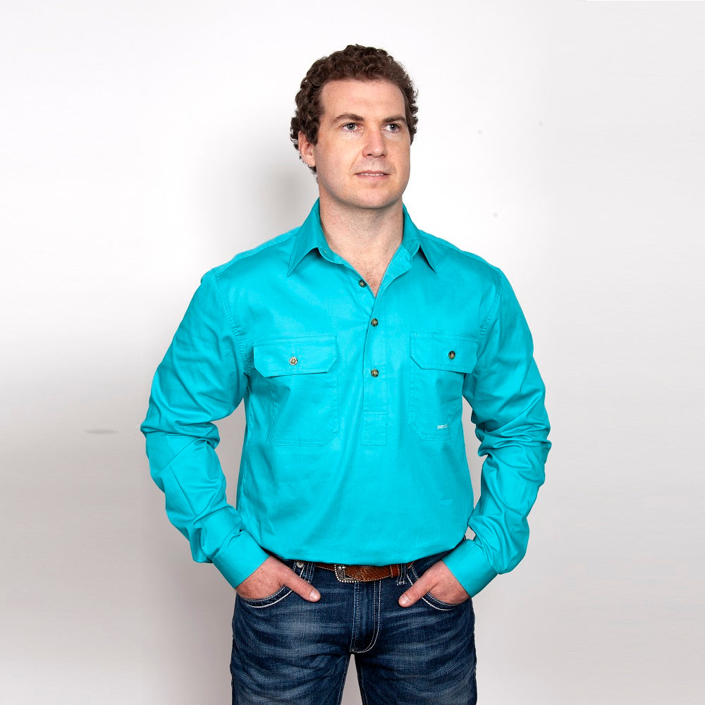 Just Country Mens Cameron Shirt | Half Button | Turquoise