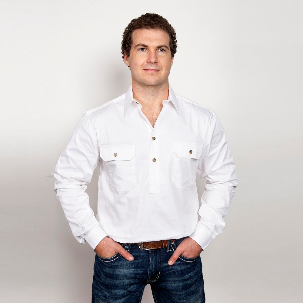 Just Country Mens Cameron Shirt | Half Button | White