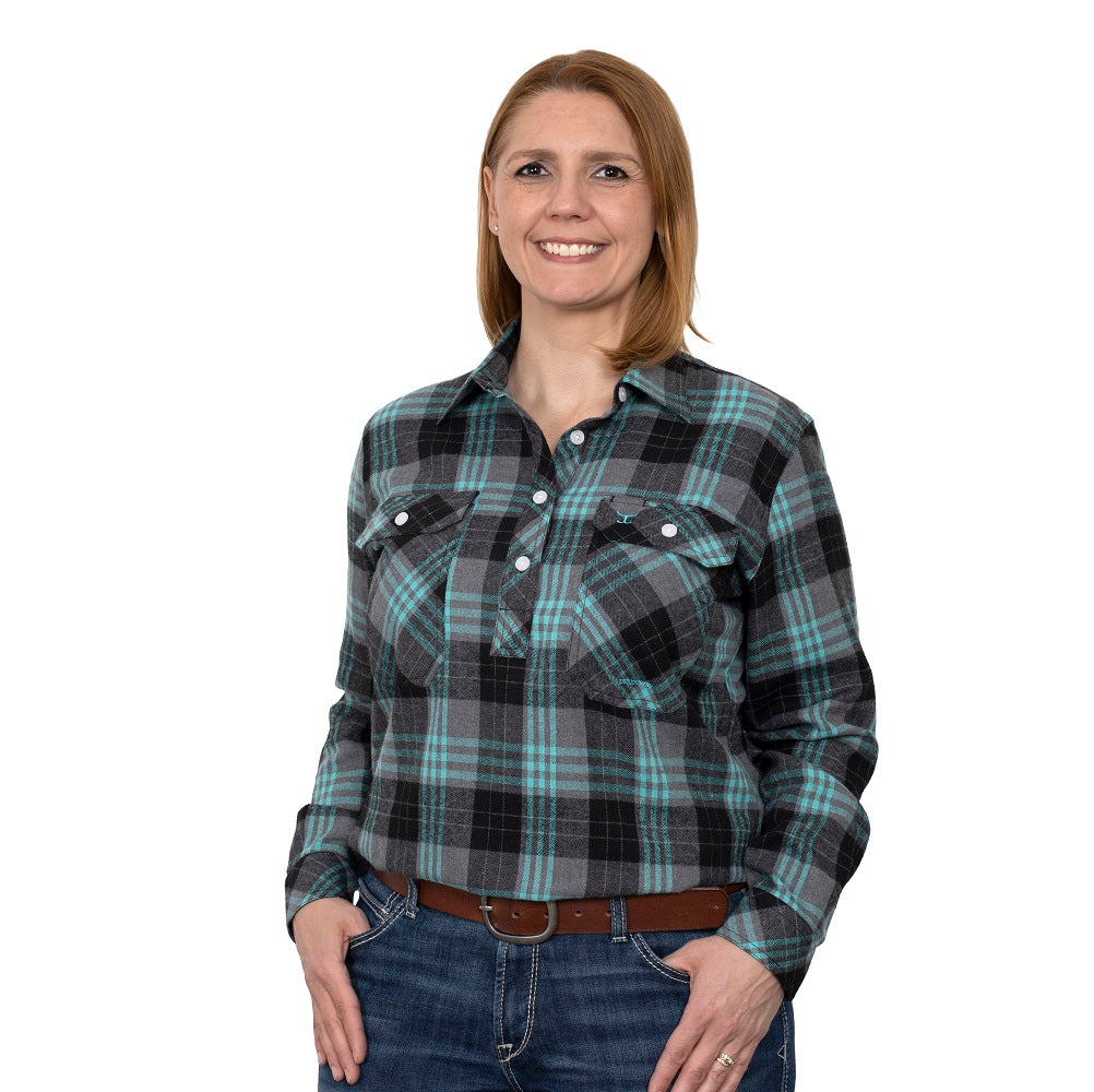 Just Country Womens Jahna 1/2 Button Flannel Shirt | Grey / Turquoise